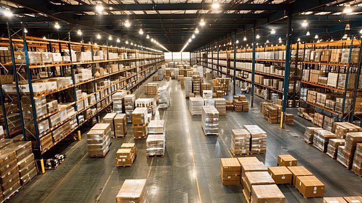 Logistics warehouse with workers and cargo, efficient supply chain. | مستودع لوجستي مع عمال وبضائع، سلسلة إمداد فعالة